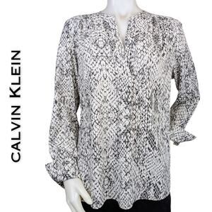 Calvin Klein Blouse Top Large White Black Snakeskin Print Flowy Career High Low